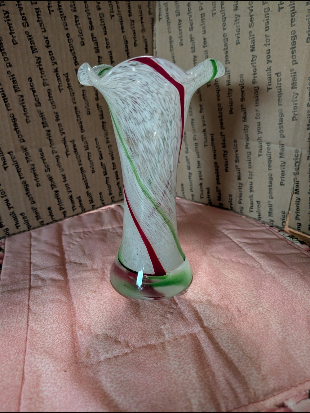Swirled Art Glass Bud Vase in White with Red and Green Accents